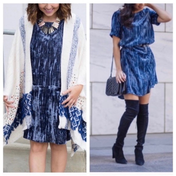 EUC Floreat {Anthro} Crushed Dark Blue Velvet Mini Shift Dress + Pockets | Small - Picture 6 of 13